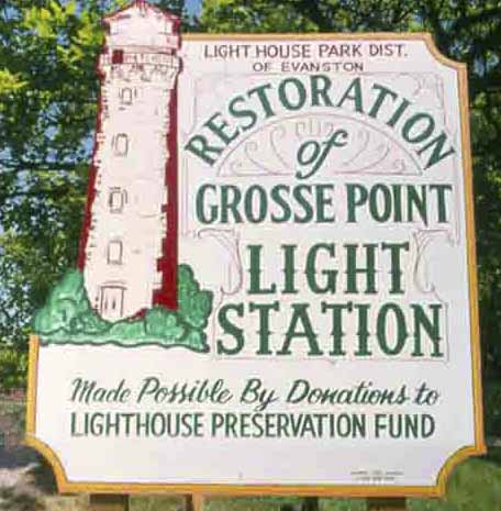 A sign denoting the restoration of Grosse Point Lighthouse